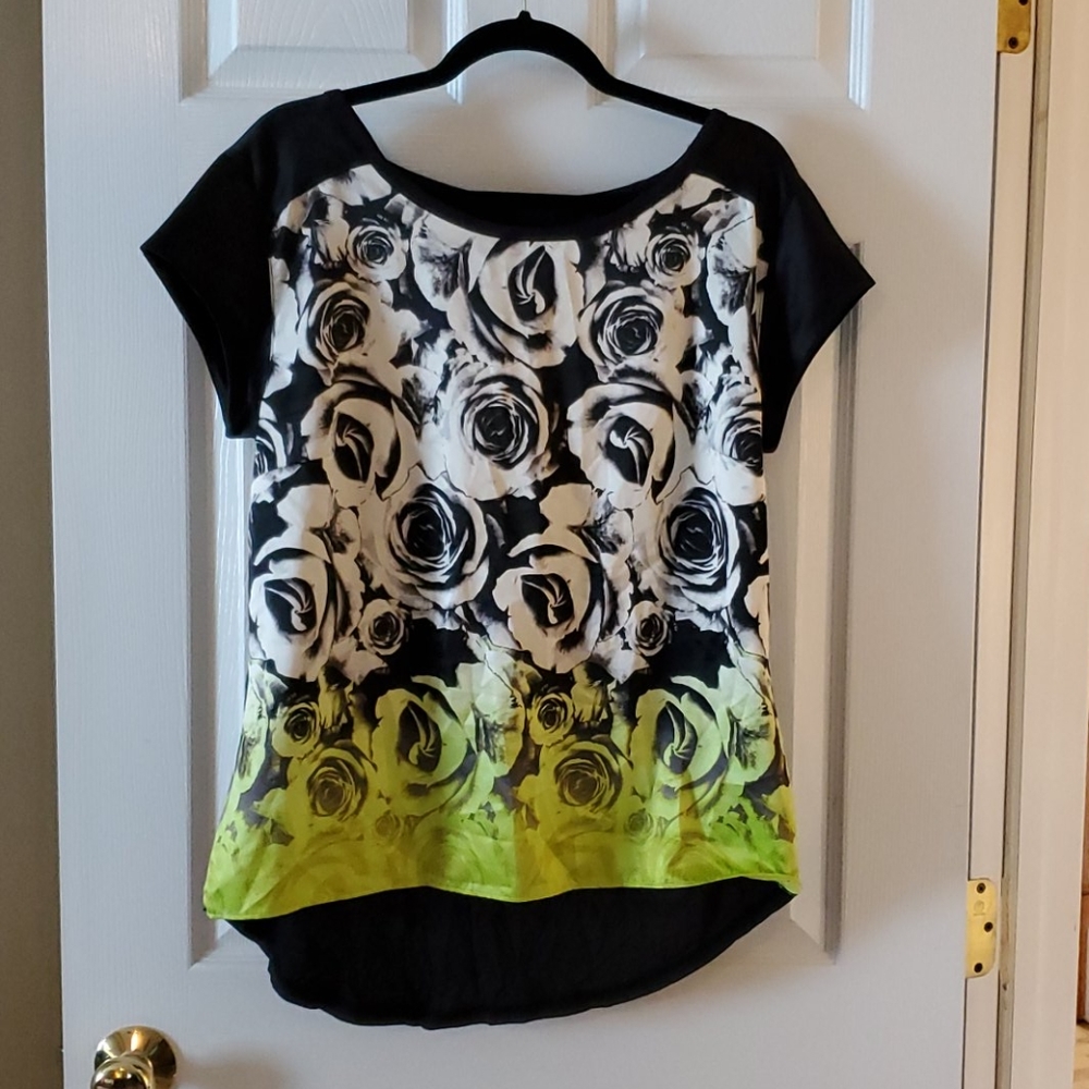 A. N. A. black/white/green rose print shirt